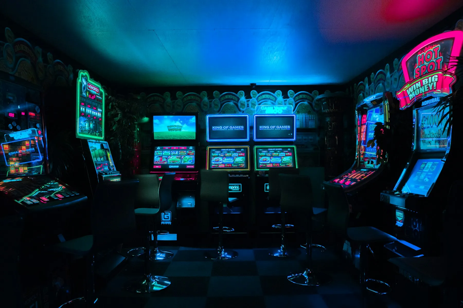A neon-lit arcade filled with game machines